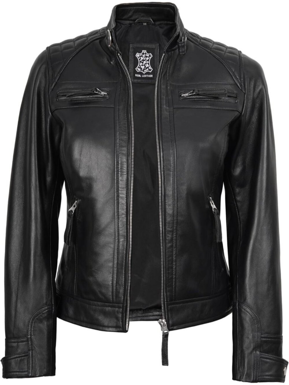 Women’s Black Leather Cafe Racer Motorcycle Biker Jacket